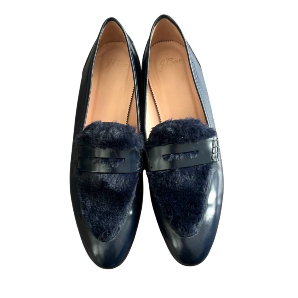 J Crew Academy Leather Faux Fur Penny Loafer Navy Blue Women's Shoe Size 10.5